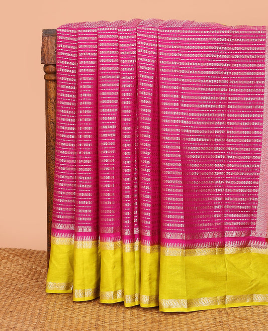 Rani pink zig-zag stripes with polka dots zari woven assam silk saree, contrast traditional motifs woven double border, and zari design pallu