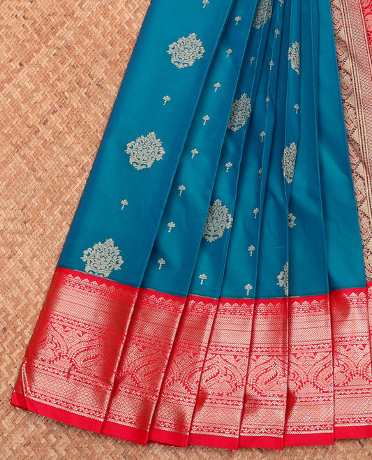 Blue Budget Silk Saree, Detailed with Zari Buttas, Complemented by a Contrast Traditional Zari Border, Grand Pallu, and Contrast Blouse