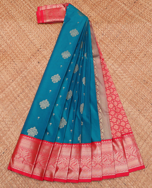 Blue Budget Silk Saree, Detailed with Zari Buttas, Complemented by a Contrast Traditional Zari Border, Grand Pallu, and Contrast Blouse