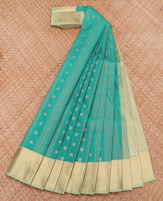 Green Budget Silk Saree, Decorated with Peacock-Chakram Buttas and Stripes, Complemented by a Contrast Traditional Zari Border, Grand Pallu, and a Contrast Blouse