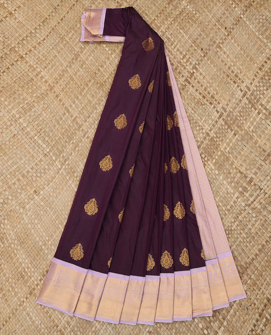 Purple Budget Silk Saree Enriched with Zari Buttas, Complemented with a Contrast Traditional Zari Design Border, Gleaming Jaal Pallu, and Paired with a Contrast Blouse