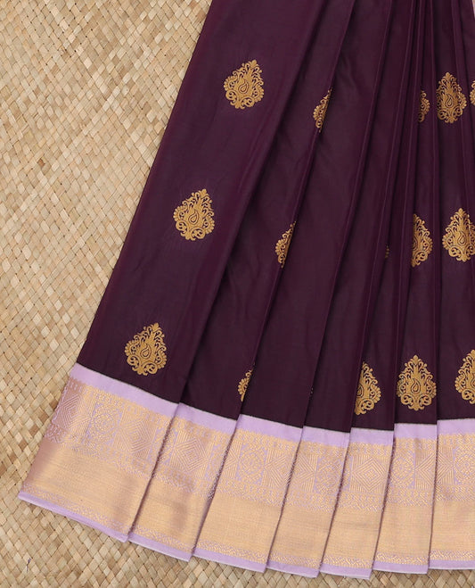 Purple Budget Silk Saree Enriched with Zari Buttas, Complemented with a Contrast Traditional Zari Design Border, Gleaming Jaal Pallu, and Paired with a Contrast Blouse