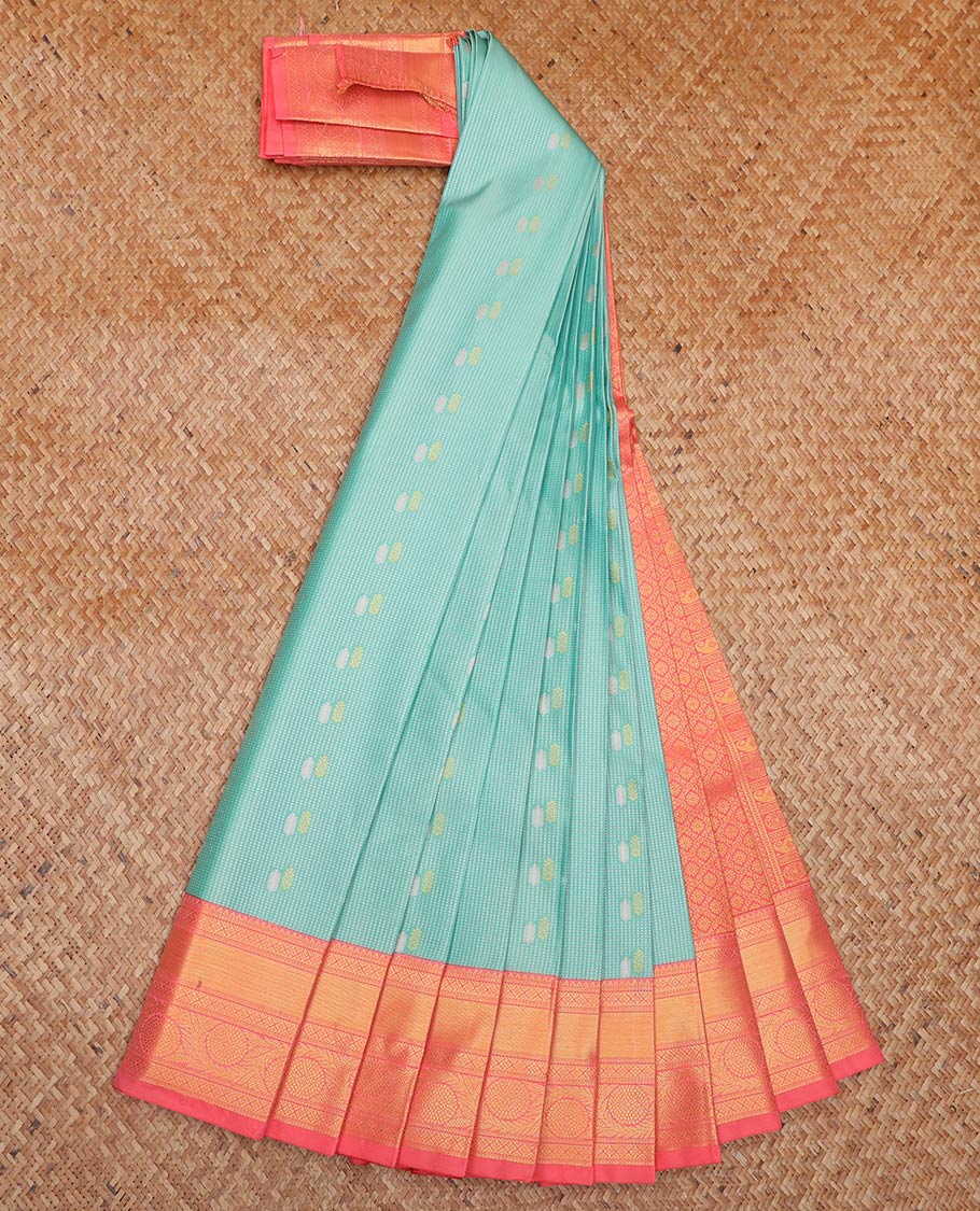 Light Turquoise Budget Silk Saree, Sparsely Woven with Zari Buttas All Over Its Body, Complemented by a Contrast Traditional Zari Border of Floral Creeper Designs, Grand Jaal Pallu, and Paired with a Contrast Blouse