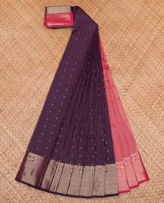 Purple Budget Silk Saree, Decked Up with Zari Buttas and Stripes All Over Its Body, Highlighted by Traditional Zari Designs Woven Border, Contrast Grand Jaal Pallu and Paired with a Contrast Blouse