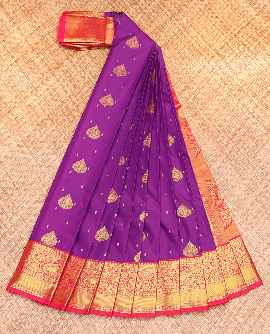 Purple Budget Silk Saree, Spotlighted with Zari Buttas, Complemented by a Contrast Traditional Zari Border, Intricately Designed Pallu, and a Contrast Blouse