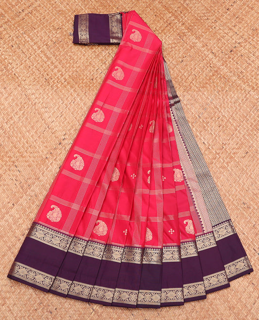 Red Budget Silk Saree, Detailed with Zari Butta Enclosed Checks, Complemented by a Contrast Traditional Zari Rettai Pettu Border, Grand Pallu, and a Contrast Blouse