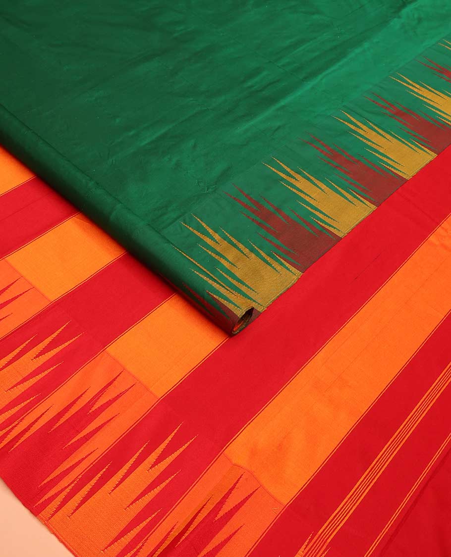 Green plain Bangalore silk saree, contrast temple border, and pallu of temple designs