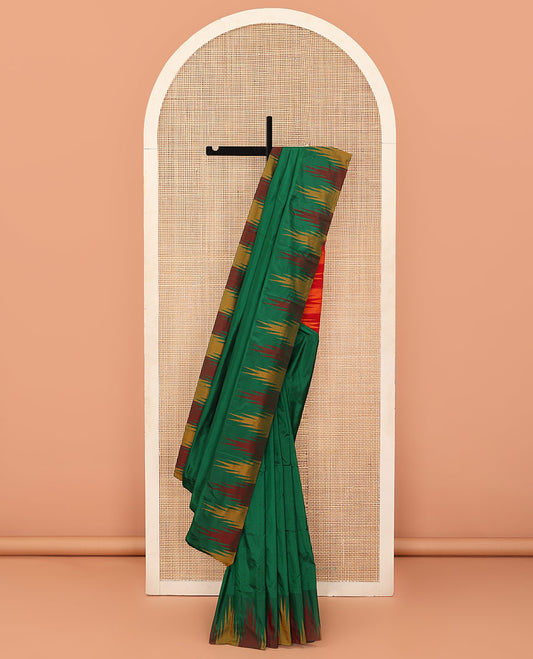 Green plain Bangalore silk saree, contrast temple border, and pallu of temple designs