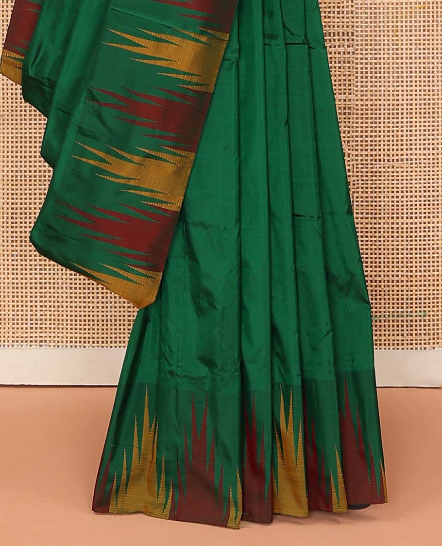 Green plain Bangalore silk saree, contrast temple border, and pallu of temple designs