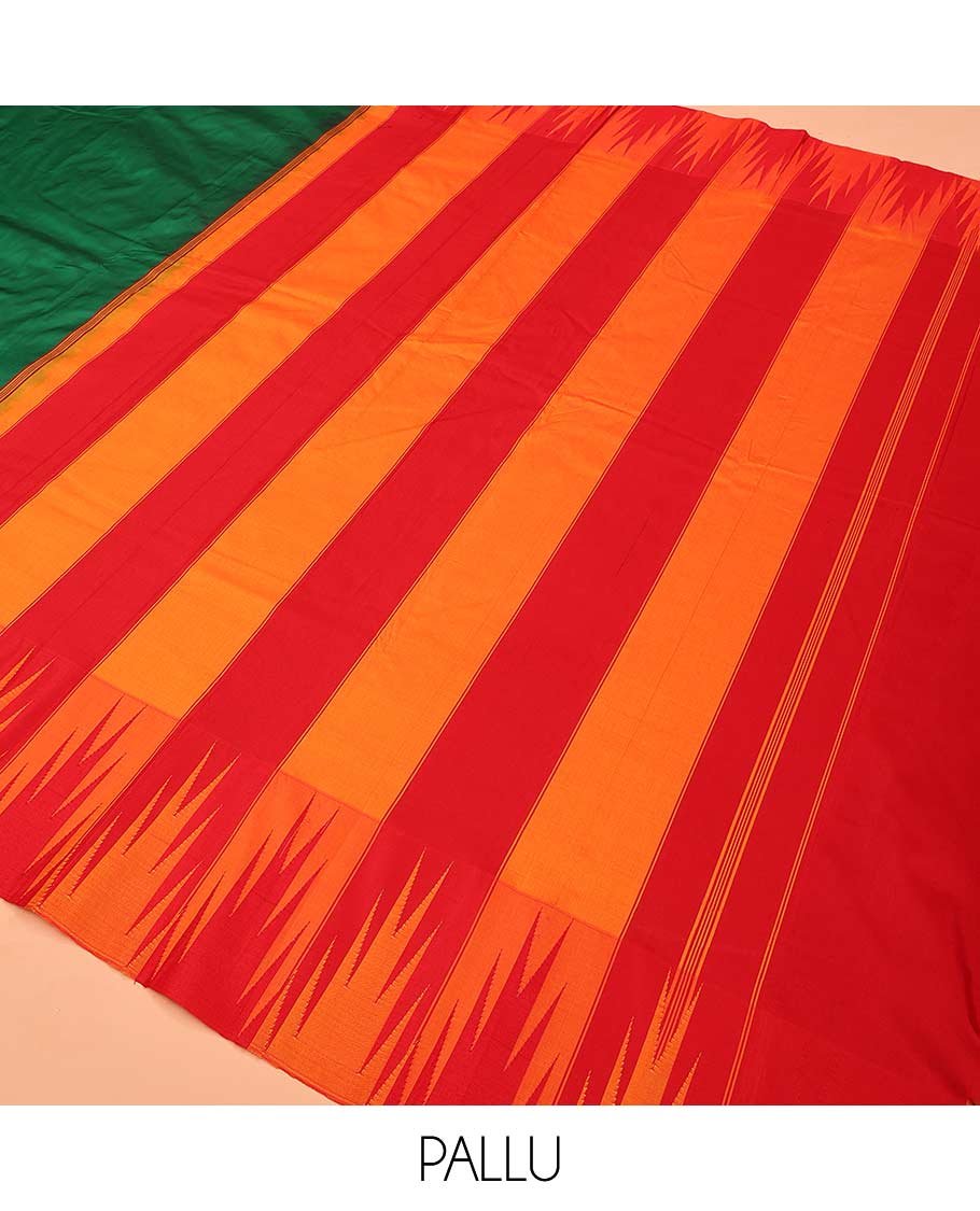 Green plain Bangalore silk saree, contrast temple border, and pallu of temple designs