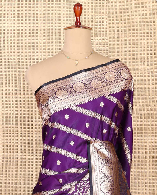 Violet Semi-Banaras Saree, Opulently Embellished with Buttas and Diagonal Stripes All Over Its Body, Highlighted by a Floral Creeper Design Border, Intricately Designed Pallu, and Paired with a Matching Blouse