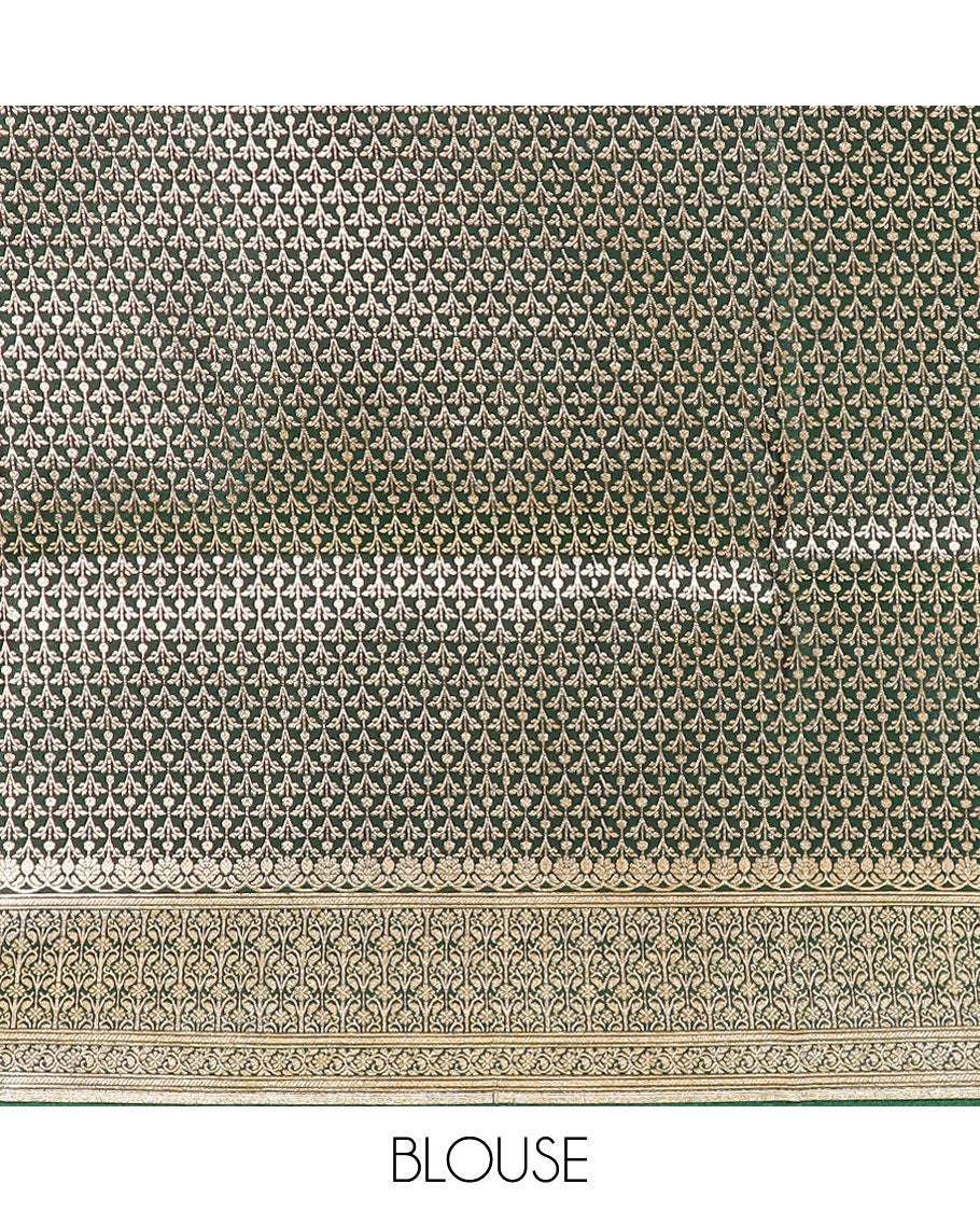 Red floral buttas banarasi silk saree, contrast floral creeper design border, and Mughal-style designs woven pallu