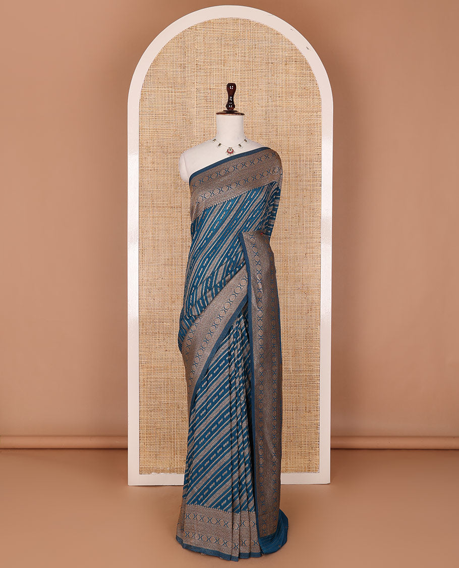 Blue zari design fancy crepe saree, traditional zari border & jaal pallu