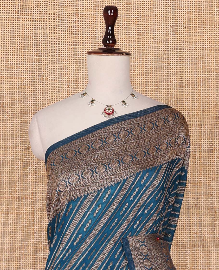 Blue zari design fancy crepe saree, traditional zari border & jaal pallu
