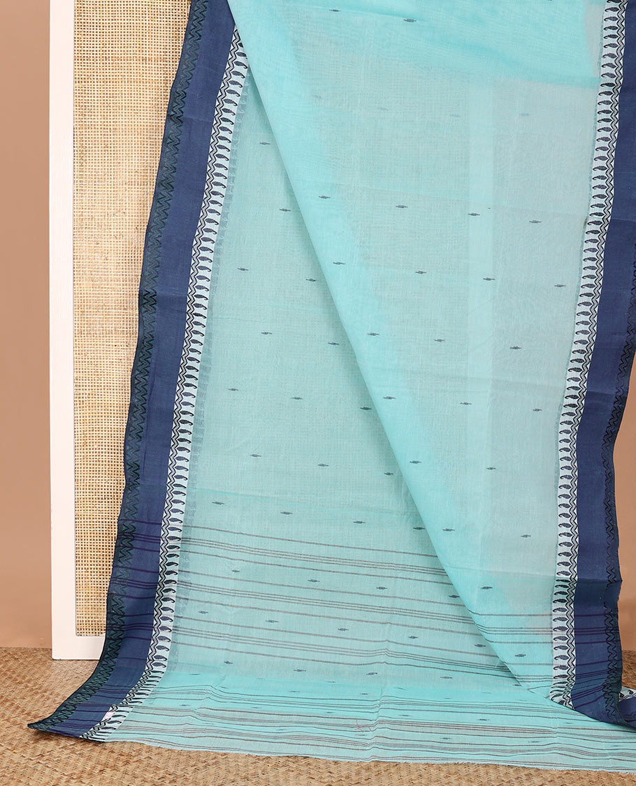 Blue buttas Bengal cotton saree, contrast border of paisleys and chervon stripes, and striped pallu