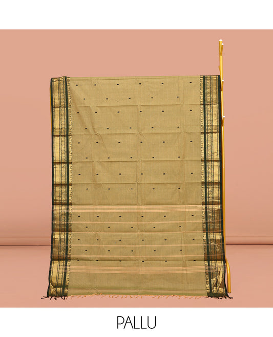 Green Chettinad Cotton Saree, Finely Woven Buttas All Over Its Body, Complemented by Contrast Traditional Zari Design Border, Pallu of Stripes, and Paired with a Matching Blouse