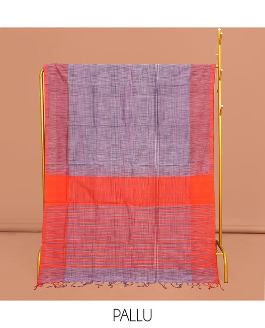 Violet Heathered Textured Mangalgiri Cotton Saree, Complemented by Contrast Border, Striped Pallu, and Paired with a Contrast Blouse