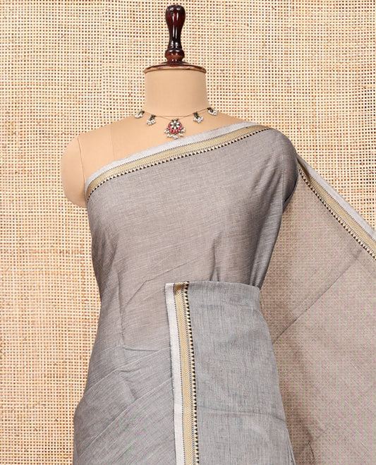 Grey Plain Chettinad Cotton Saree, a Temple Traditional Thread Piping Border, Striped Pallu, and a Matching Blouse