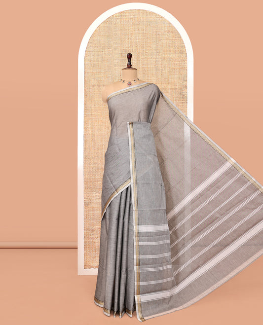 Grey Plain Chettinad Cotton Saree, a Temple Traditional Thread Piping Border, Striped Pallu, and a Matching Blouse