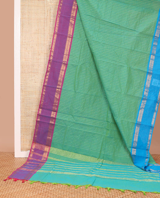 Green striped Chettinad cotton saree, contrast ganga jamuna rettai pettu traditional zari border, and striped pallu