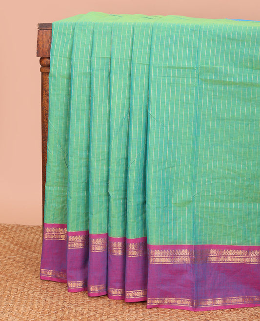 Green striped Chettinad cotton saree, contrast ganga jamuna rettai pettu traditional zari border, and striped pallu