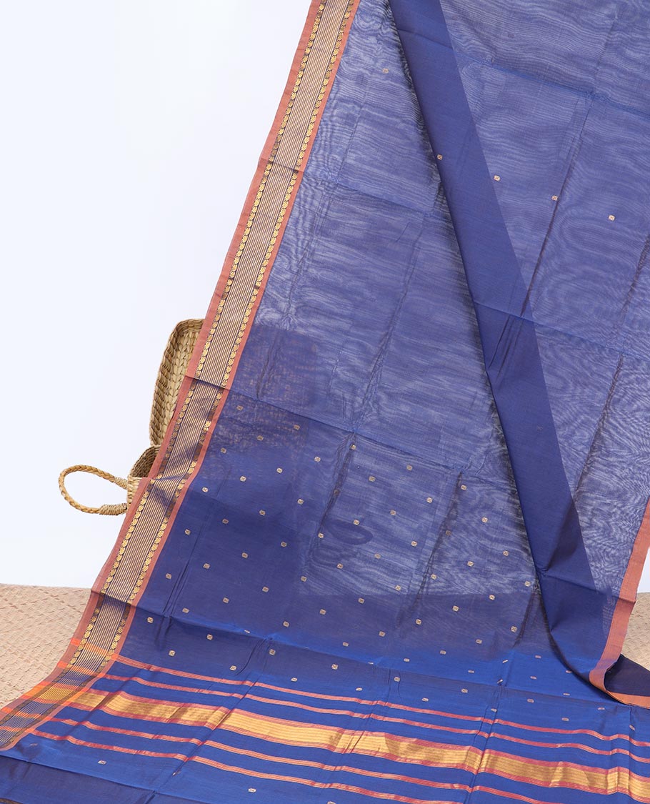 Blue buttas Vengatagiri cotton saree, contrast zari border & pallu of striped design