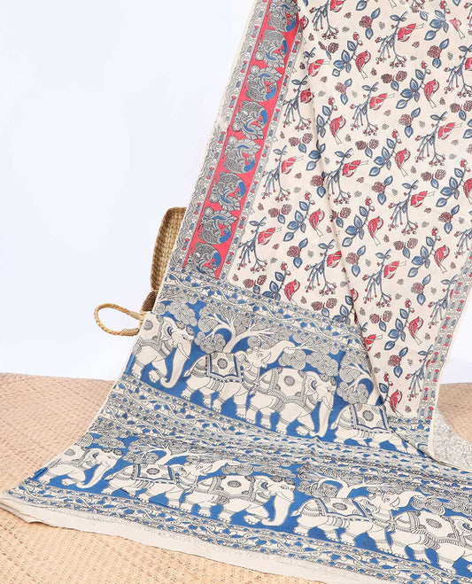 Cream bird motifs machine-printed kalamkari cotton saree, contrast peacock border & pallu of elephant motifs