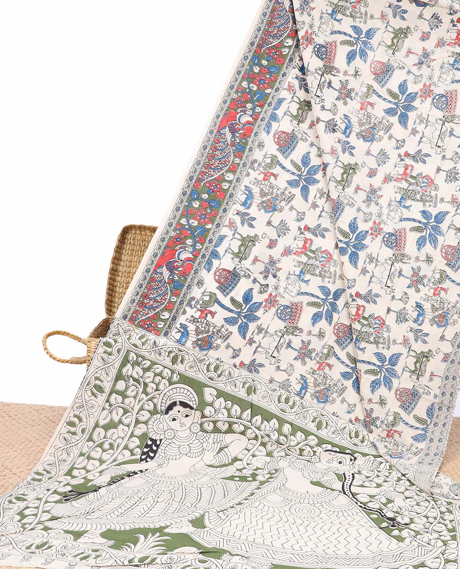 White village-theme machine-print kalamkari cotton saree, contrast floral creeper & peacock border & human figurines pallu