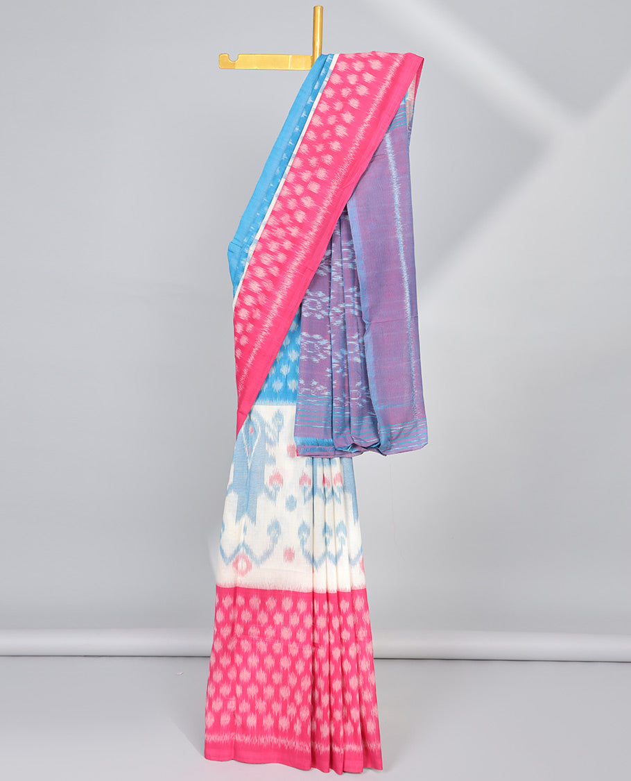 multi colored intricate design , motifs ikkat cotton saree & self border & geometric design pallu