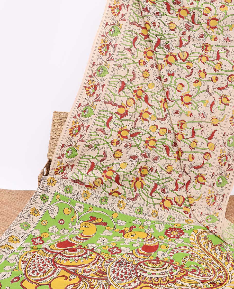Cream floral design machine-printed kalamkari cotton saree with contrast floral design & peacock design pallu