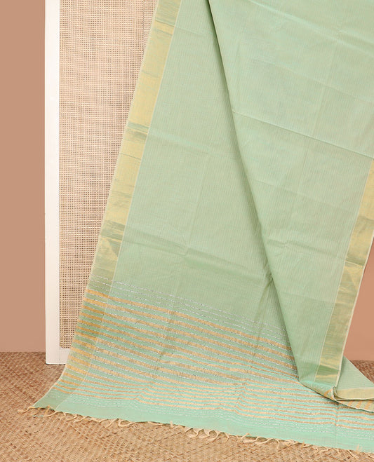 Green sparsely striped jute cotton saree, zari border, and striped pallu