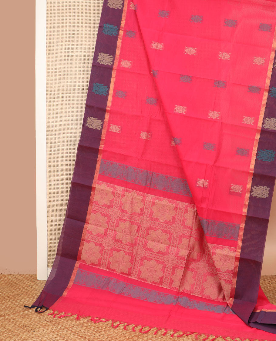 Pink buttas Kanchi cotton saree, contrast border of buttas, and pallu of star butta enclosed checks