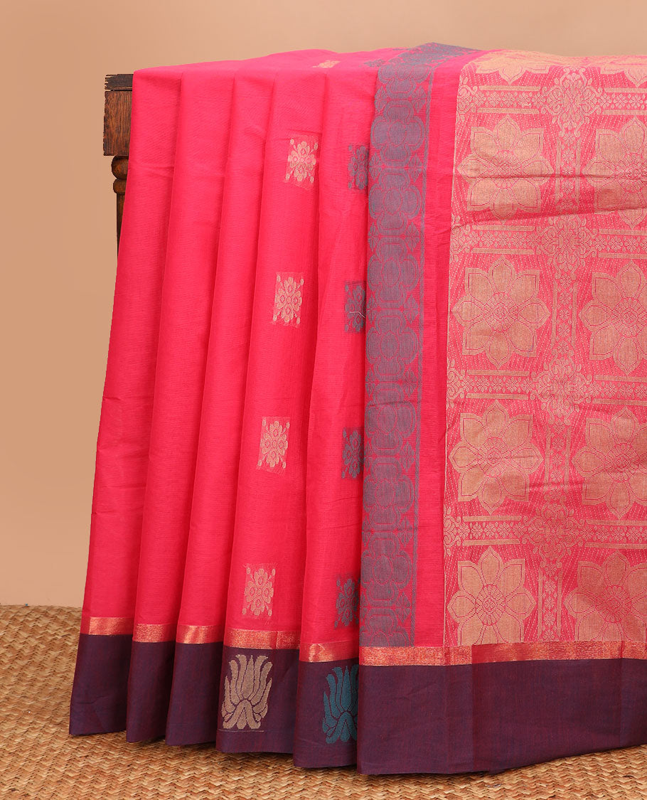 Pink buttas Kanchi cotton saree, contrast border of buttas, and pallu of star butta enclosed checks