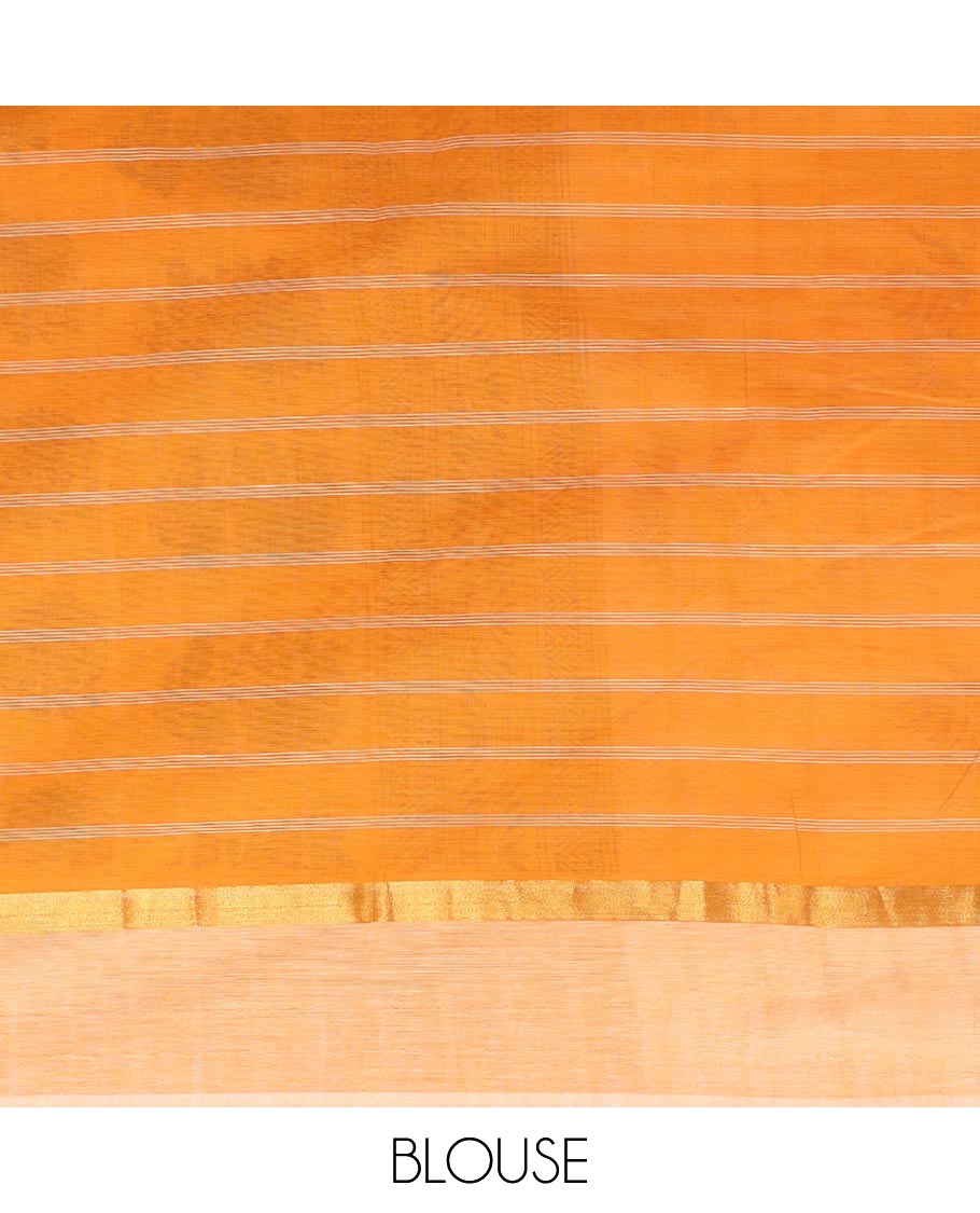 Orange bird buttas and checked Chirala cotton saree, contrast striped border, and pallu of block print