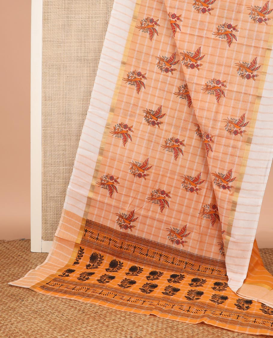 Orange bird buttas and checked Chirala cotton saree, contrast striped border, and pallu of block print