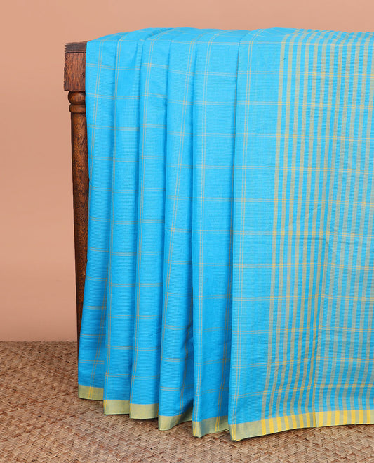 Blue Sparsely Checked Mangalagiri Cotton Saree Complemented by a Contrast Border, and Self-Pallu of Stripes