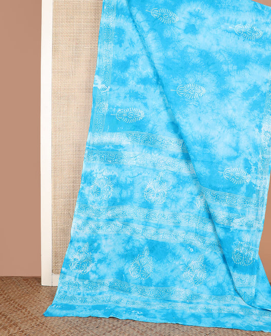 Blue shibori dyed with unique motifs block printed cotton saree, self-border, and printed pallu
