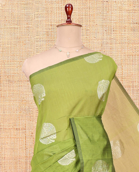 Borderless Parrot Green Semi-Silk Cotton Saree, Elevated with Zari Buttas All Over Its Body, Complemented by a Contrast Pallu of Jaal Designs, and Paired with a Contrast Blouse