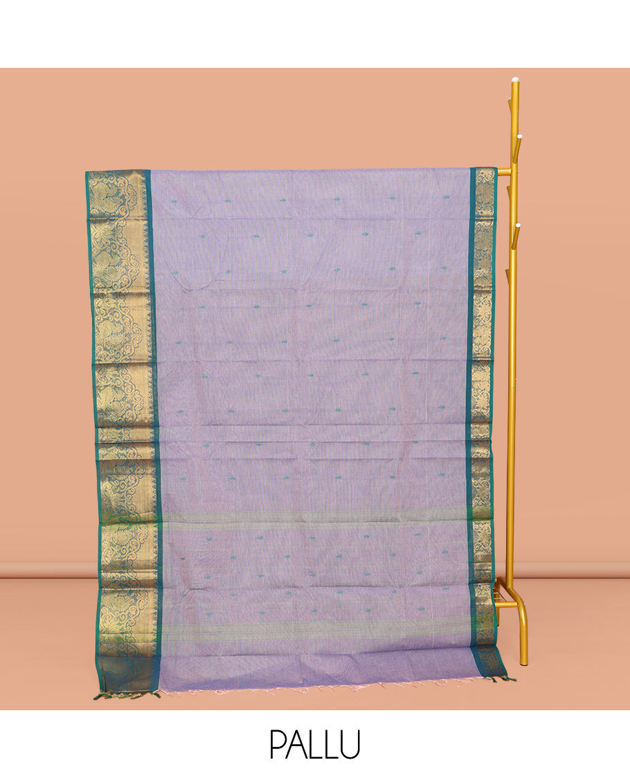 Blue Chettinad Cotton Saree, Sparsely Woven with Buttas All Over Its Body, Complemented by a Contrast Traditional Zari Border of Peacock Design, Subtle Pallu, and Paired with a Matching Blouse