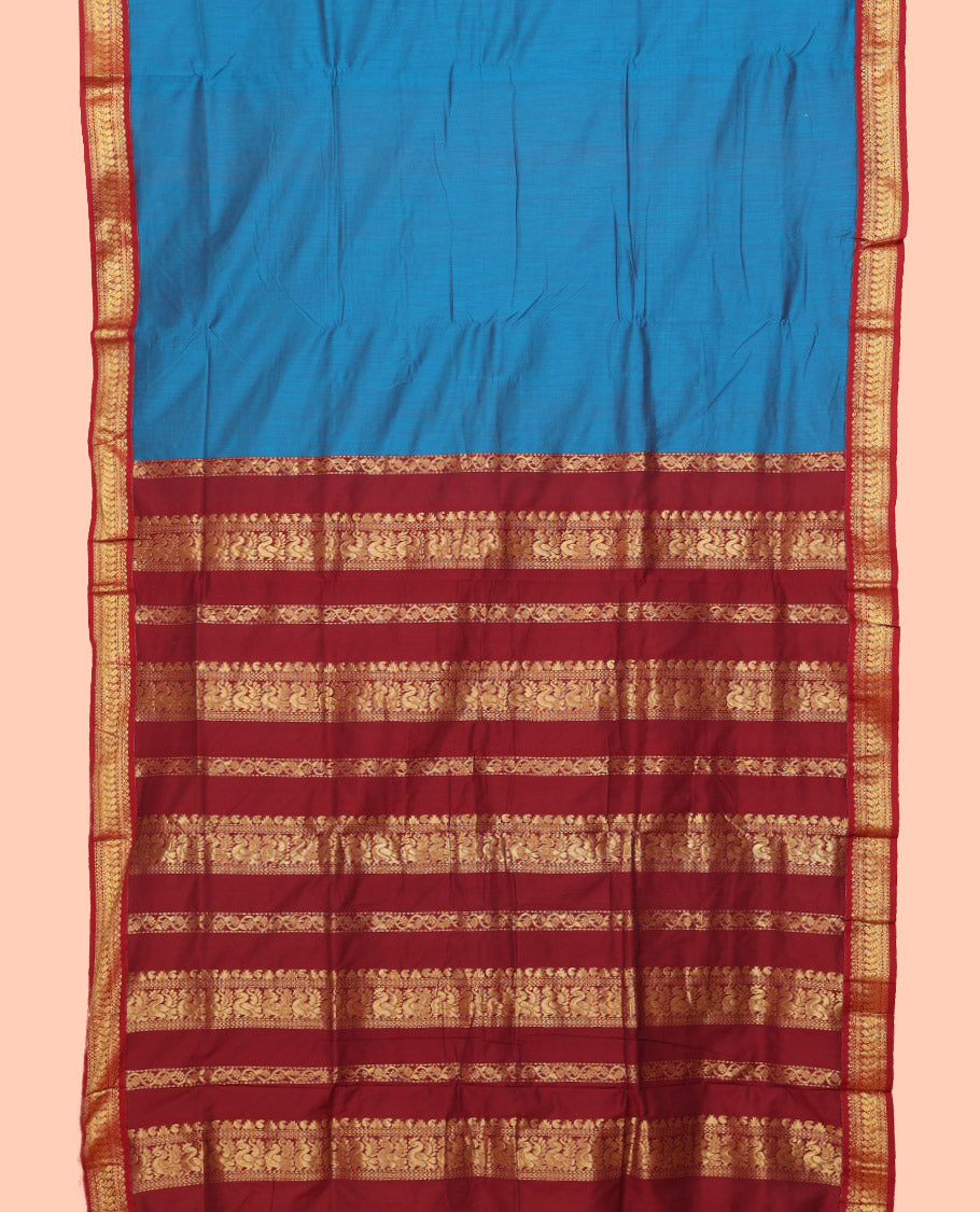 Blue Plain Nine Yard Cotton Saree, Complemented by Contrast Traditional Zari Design Border, Pallu of Traditional Designs, and Comes Without a Blouse