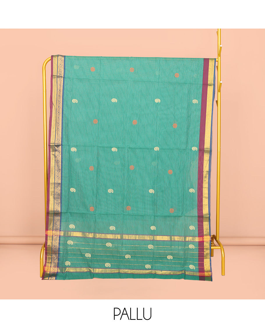 Green Venkatagiri Cotton Saree Sparsely Threaded with Paisley Buttas and Stripes, a Contrast Traditional Zari Border, Pallu of Buttas and Stripes, and No Blouse