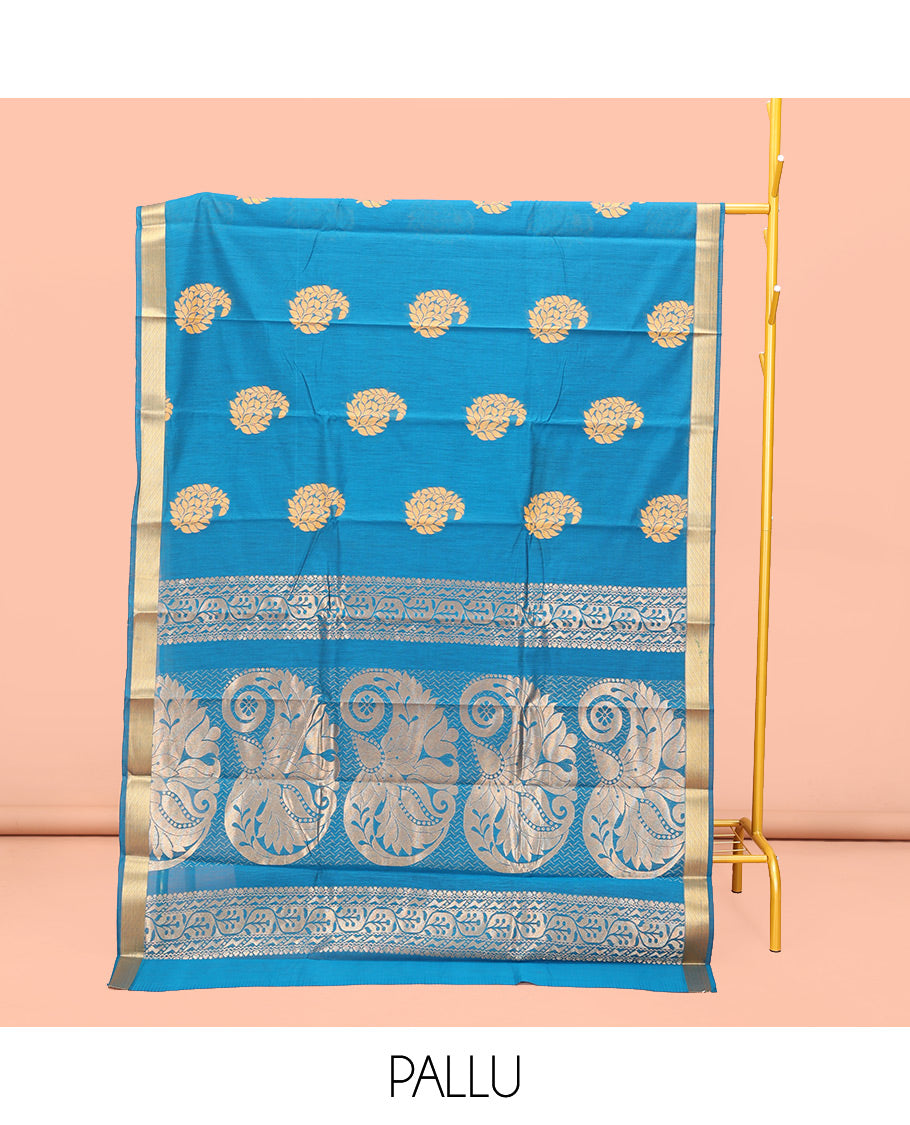 Light Blue Semi-Silk Cotton Saree, Mesmerized with Paisley Zari Buttas All Over Its Body, Highlighted by a Zari Border, Pallu of Floral and Paisley Design, and Paired with a Matching Blouse
