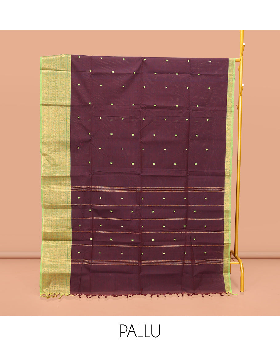 Brown Chettinad Cotton Saree, Accentuated with Thread Buttas All Over Its Body, Complemented by a Contrast Traditional Zari Design Woven Temple Border, Pallu of Stripes, and Paired with a Matching Blouse