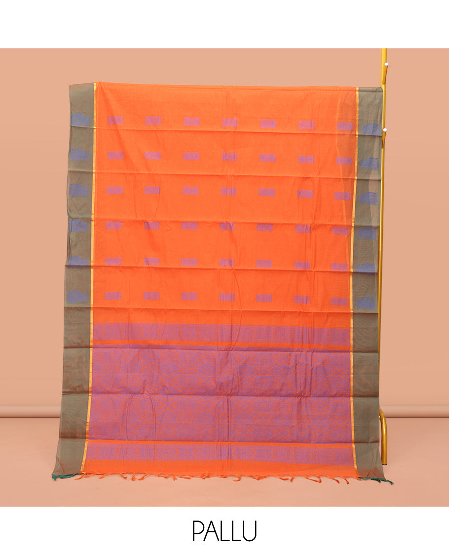 Orange Kanchi Cotton Saree, Adorned with Buttas on Its Body, Complemented by a Contrast Unique Design Border, Jaal Design Pallu, and a Matching Blouse