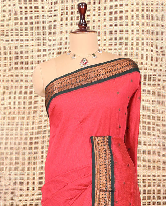 Pink Kalyani Cotton Saree, Woven with Thread Buttas, Complemented by a Contrast Traditional Border, Traditional Pallu, and a Contrast Blouse