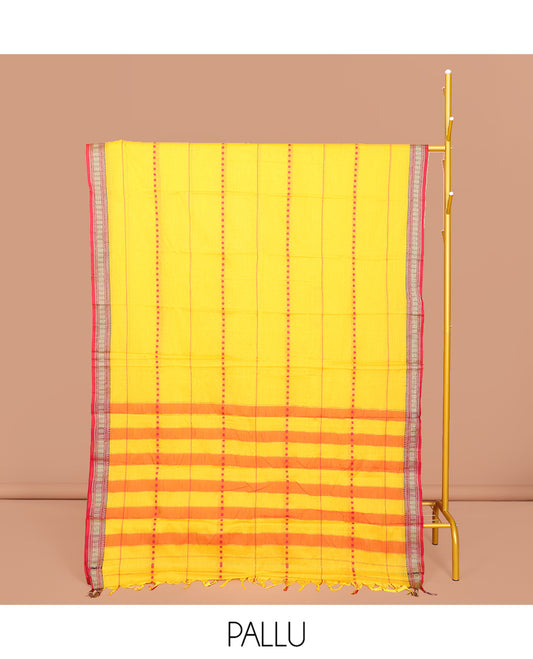 Yellow Narayanpet Cotton Saree, Adorned with Stripes, Complemented by a Contrast Temple Traditional Zari Design Border, Striped Pallu, and Comes Without a Blouse