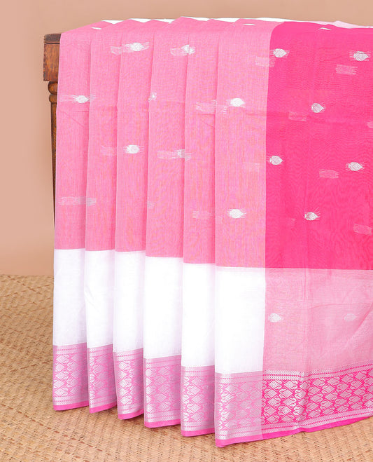 White with pink motifs bengal cotton saree with contrast zari design border