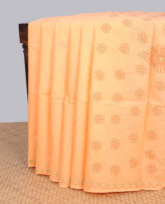 Orange floral embroidery lucknowi chikankari cotton saree,self scallop design border & pallu of floral embroidery