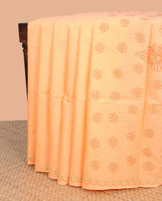 Orange floral embroidery lucknowi chikankari cotton saree,self scallop design border & pallu of floral embroidery