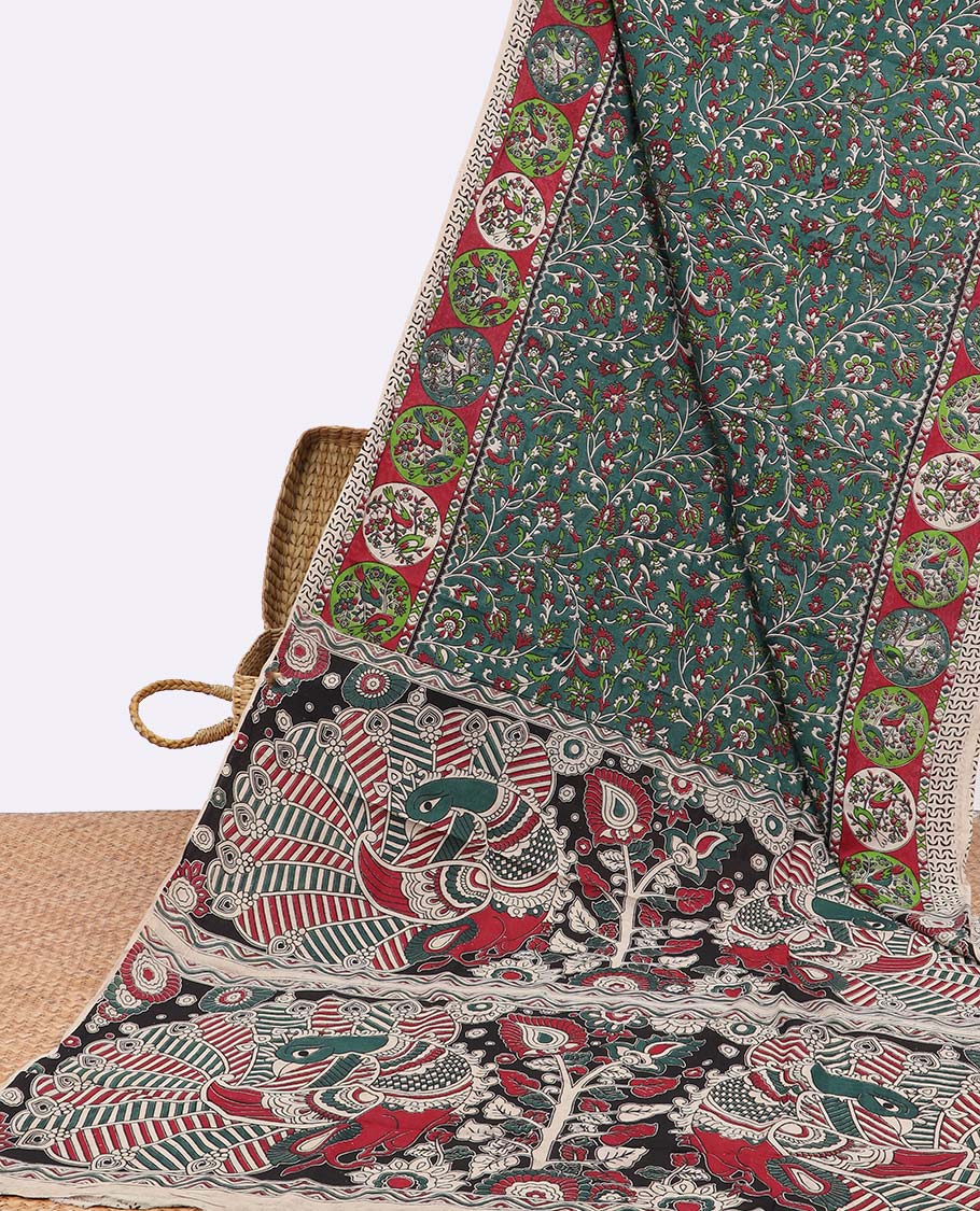 Green floral vine design machine printed kalamkari cotton saree with contrast floral border & pallu of peacock design